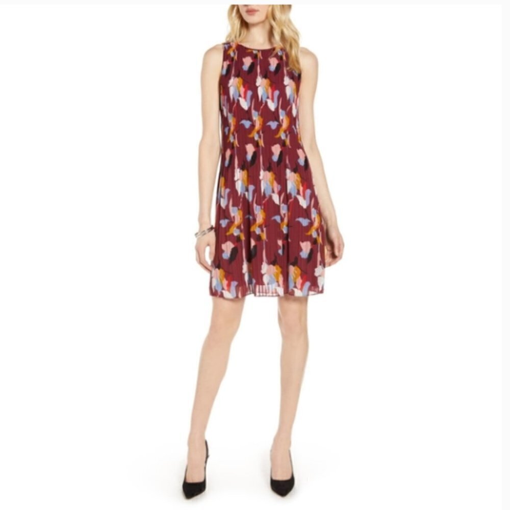 Halogen Nordstrom Burgundy Red Floral Printed Pleated Sleeveless Dress